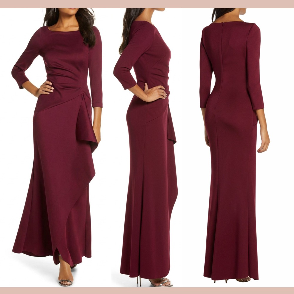 NWT Eliza J [ 18W ] Techno Pleated Scuba Trumpet Gown in Wine Red #J2466